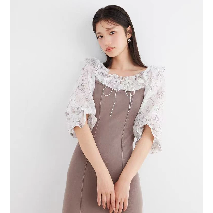 SNIDEL2024新品甜美荷叶边碎花拼接针织收腰连衣裙SWNO242075