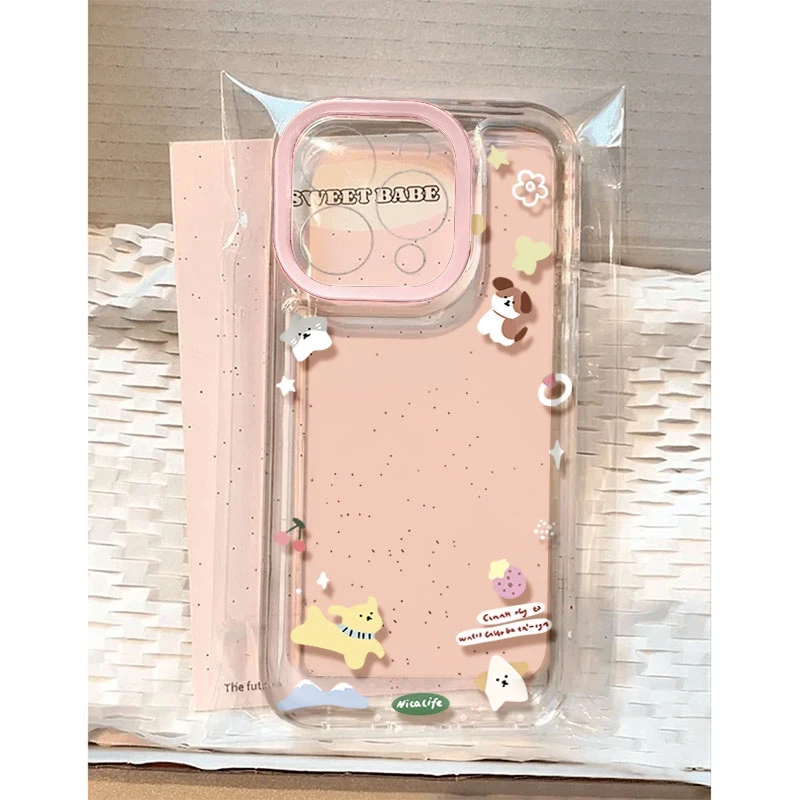 粉框花花小狗适用于苹果16/15promax手机壳华为oppo小米15vivo套