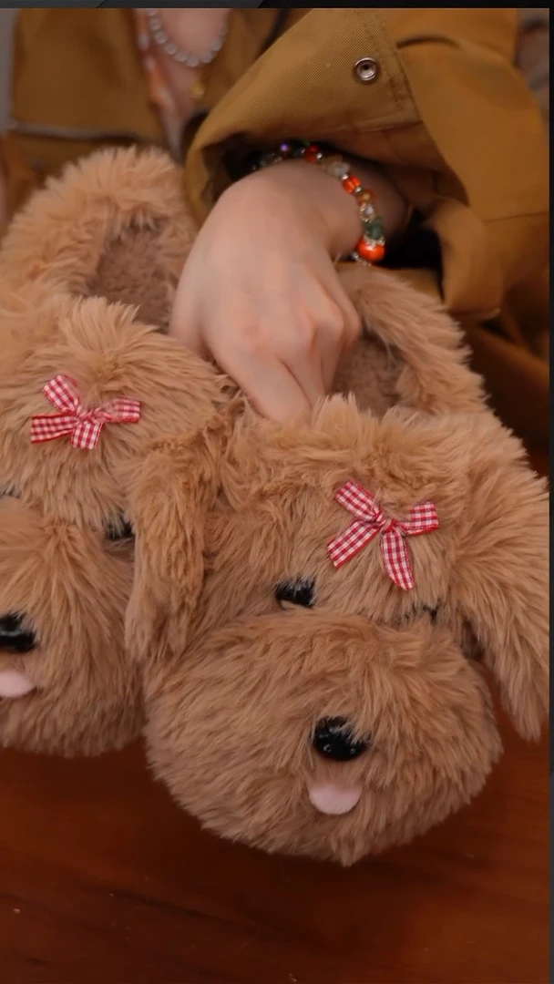 17-卡通小狗毛毛拖鞋女式秋冬-棕色 40-41