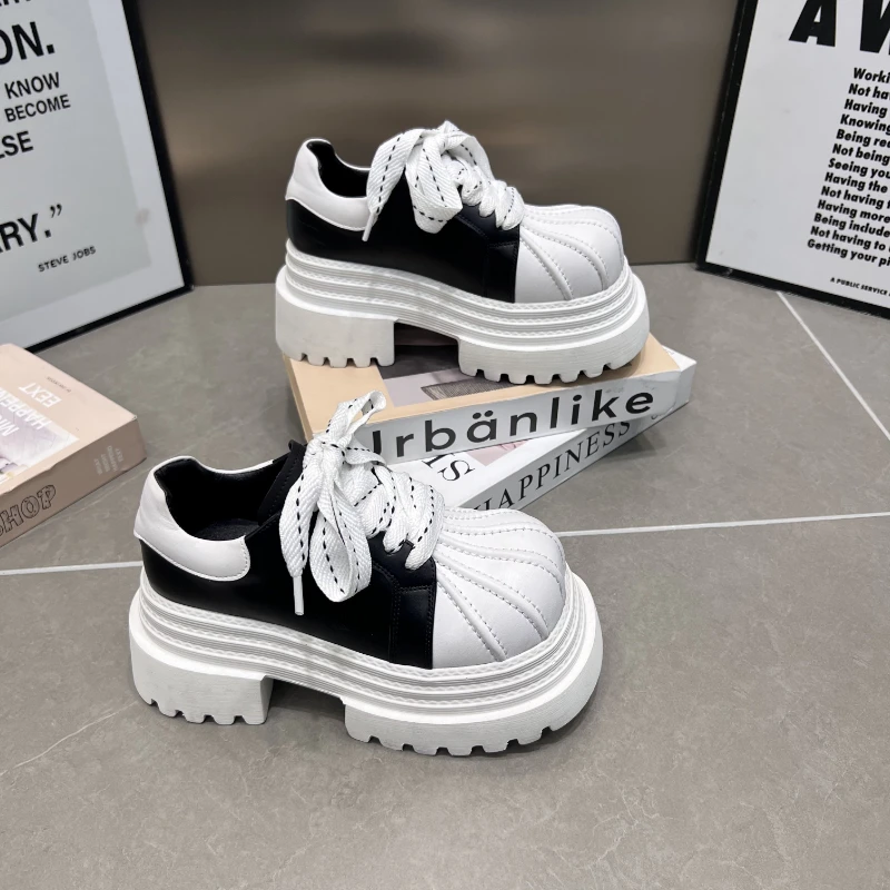 欧洲站2025新款厚底贝壳头拼色休闲鞋三层底增高8cm百搭松糕鞋女