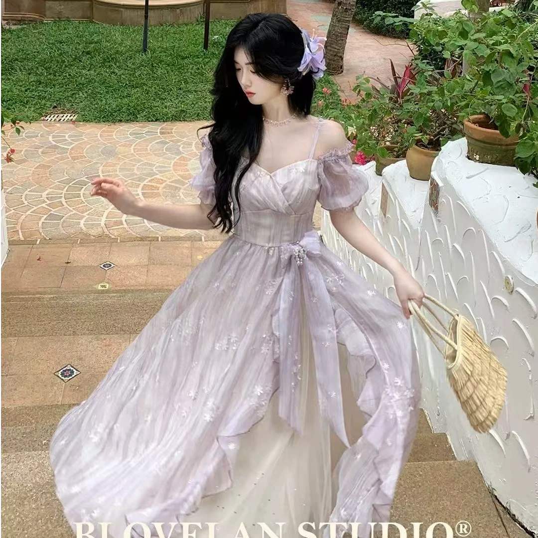 818 紫雾丁香 梦幻晕染绝美雪纺蝴蝶结一字肩连衣裙