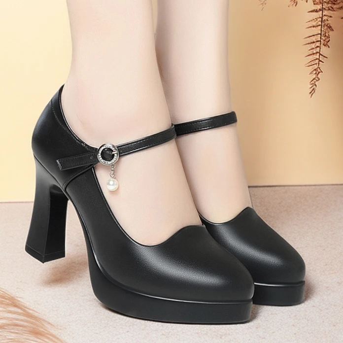 春秋新款旗袍走秀鞋软皮工作鞋防水台一字扣高跟鞋女中年女士单鞋