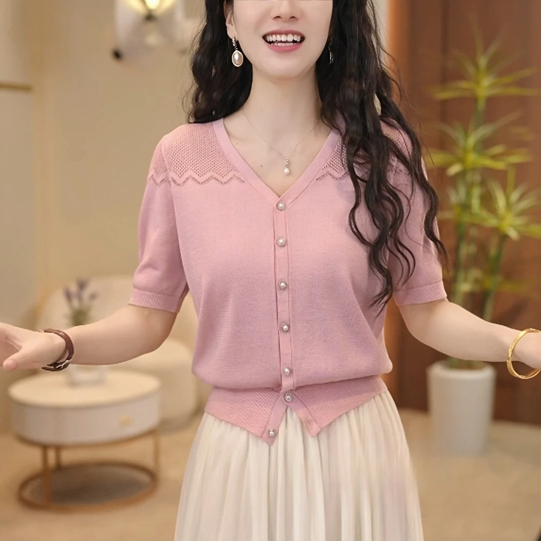 新款短袖V领镂空针织开衫女气质百搭减龄遮肉夏季透气薄款小衫