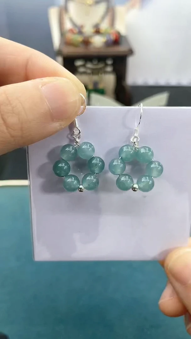 翡翠银S925镶嵌耳饰6mm蓝水圈圈