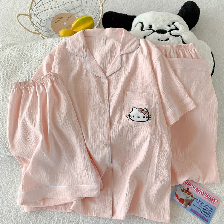 【三件套口袋kt猫】云朵棉睡衣女夏季短袖短裤长裤家居服套装日系