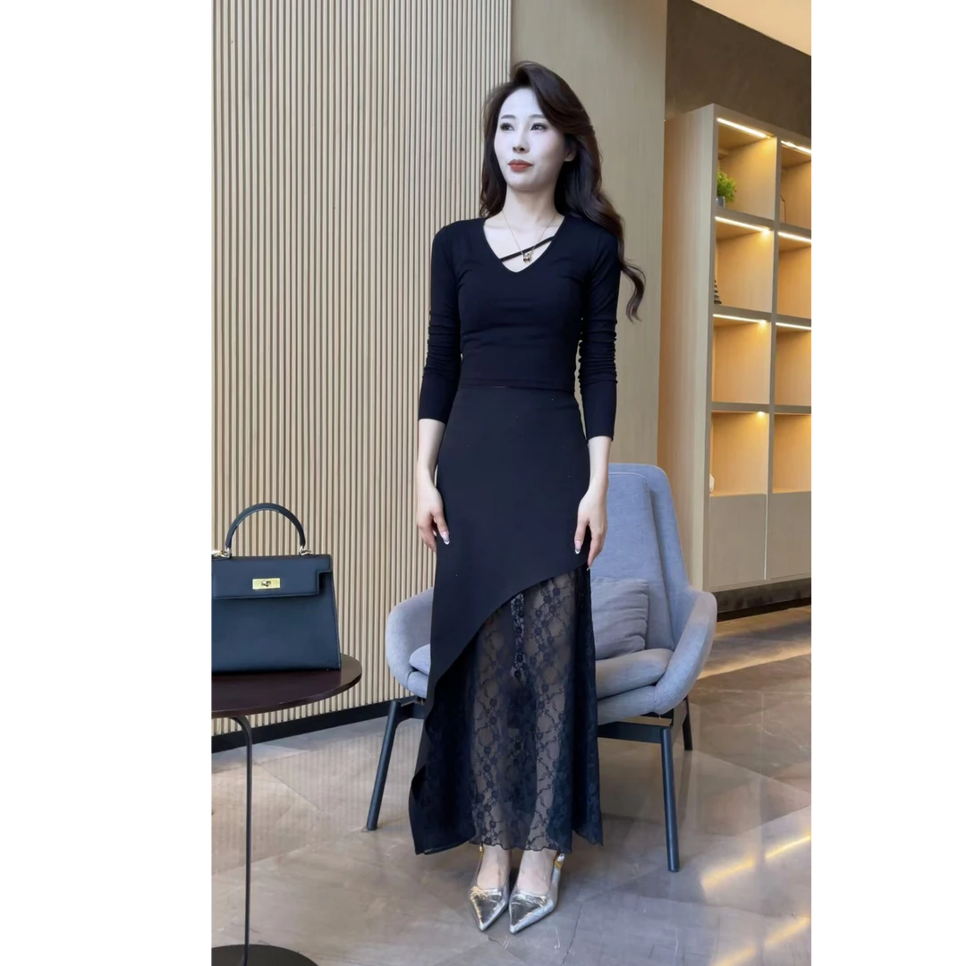 【梦婷家】高级感黑色蕾丝半身裙两件套新款高腰显瘦a字半身裙-2576