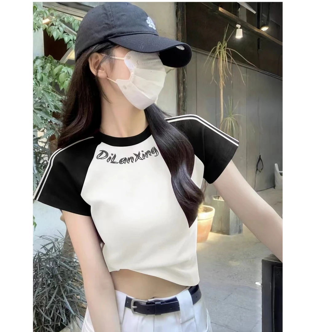 美式复古插肩杠条短袖t恤女夏季修身小个子正肩短款显瘦甜辣上衣