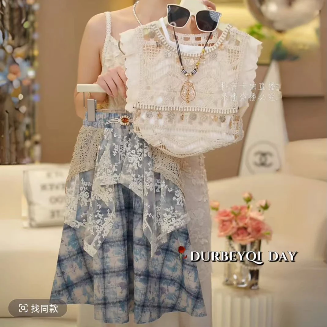 女童2025夏季新款背心吊带拼接蕾丝长裙套装洋气小香风复古公主