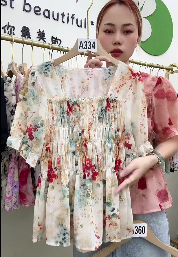 【新款短袖小衫】夏季方领气质时尚荷叶边减龄衬衫法式碎花遮肚上衣