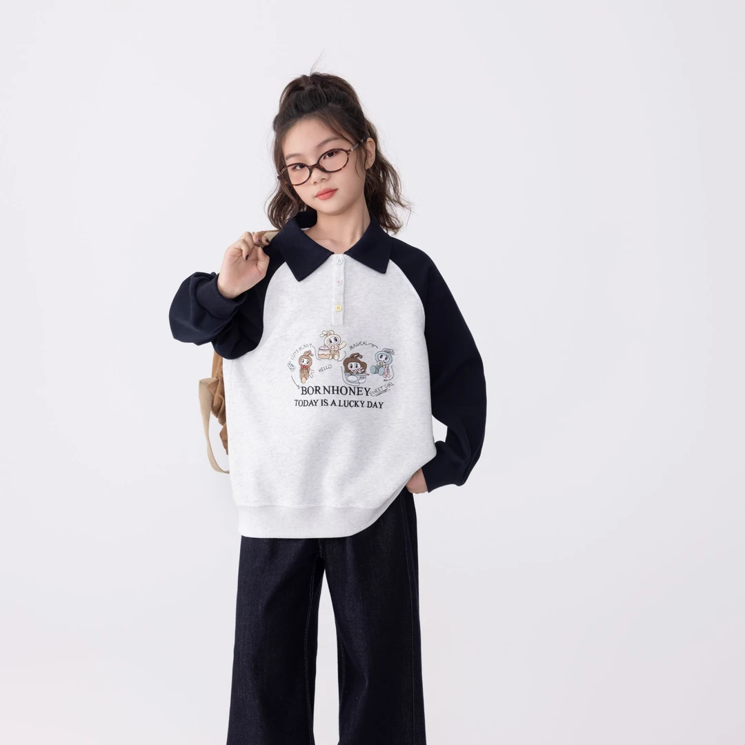 2025秋季新款女童韩版洋气长袖拼色卡通翻领休闲卫衣Q62953