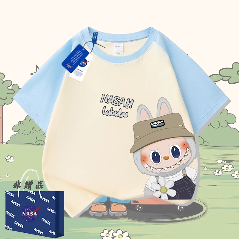 NASA儿童labubu拉布布纯棉插肩短袖t恤夏季可爱卡通中大童装上衣