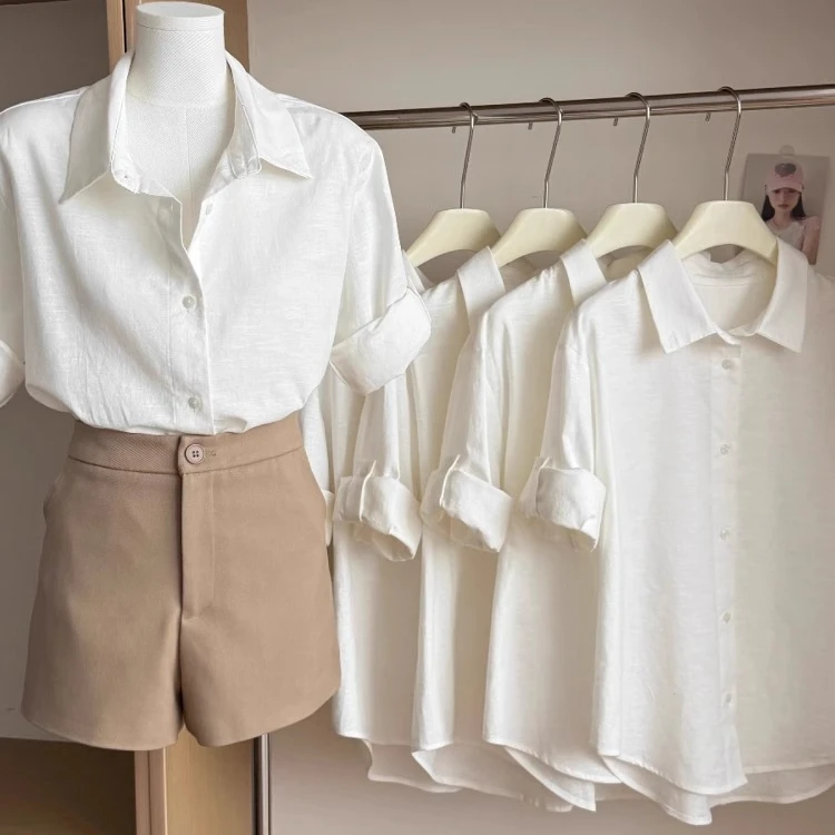 白色衬衫正肩短袖女夏季休闲气质老钱风衬衣法式小资上衣