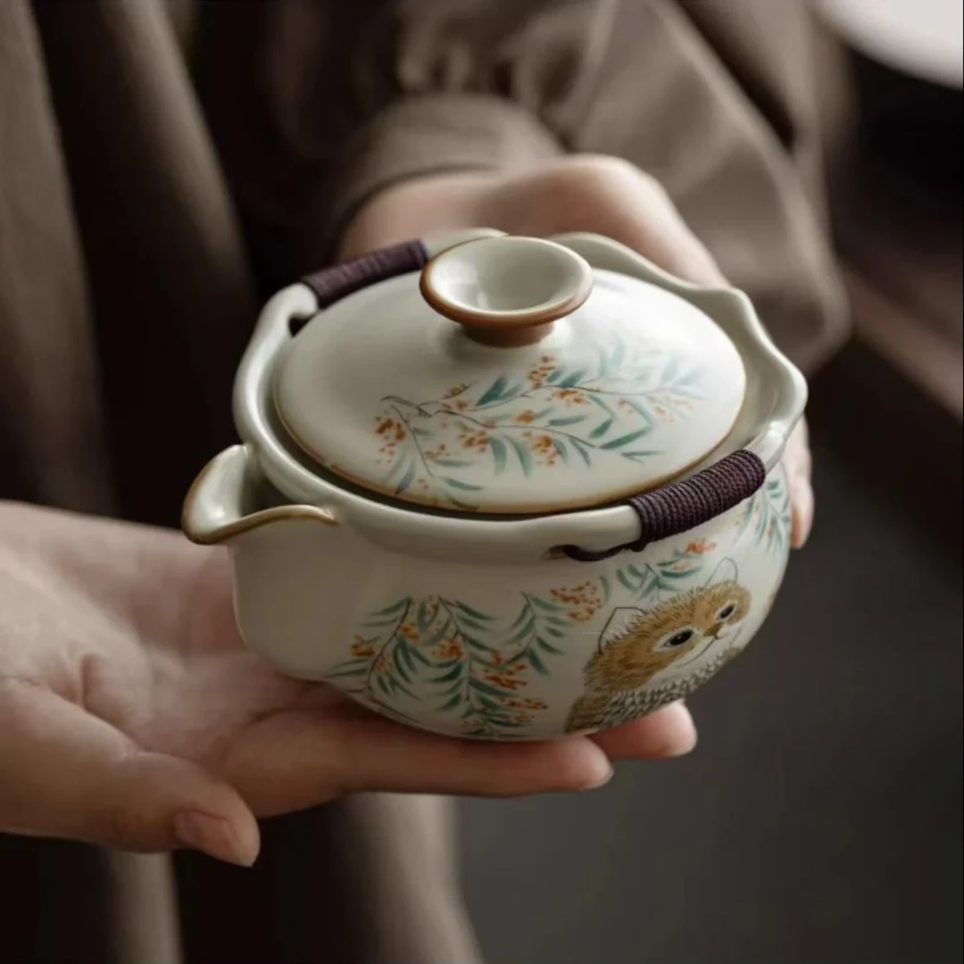 【沉鱼】米黄汝窑手抓壶盖碗茶杯猫咪家用泡喝茶旅行-C010