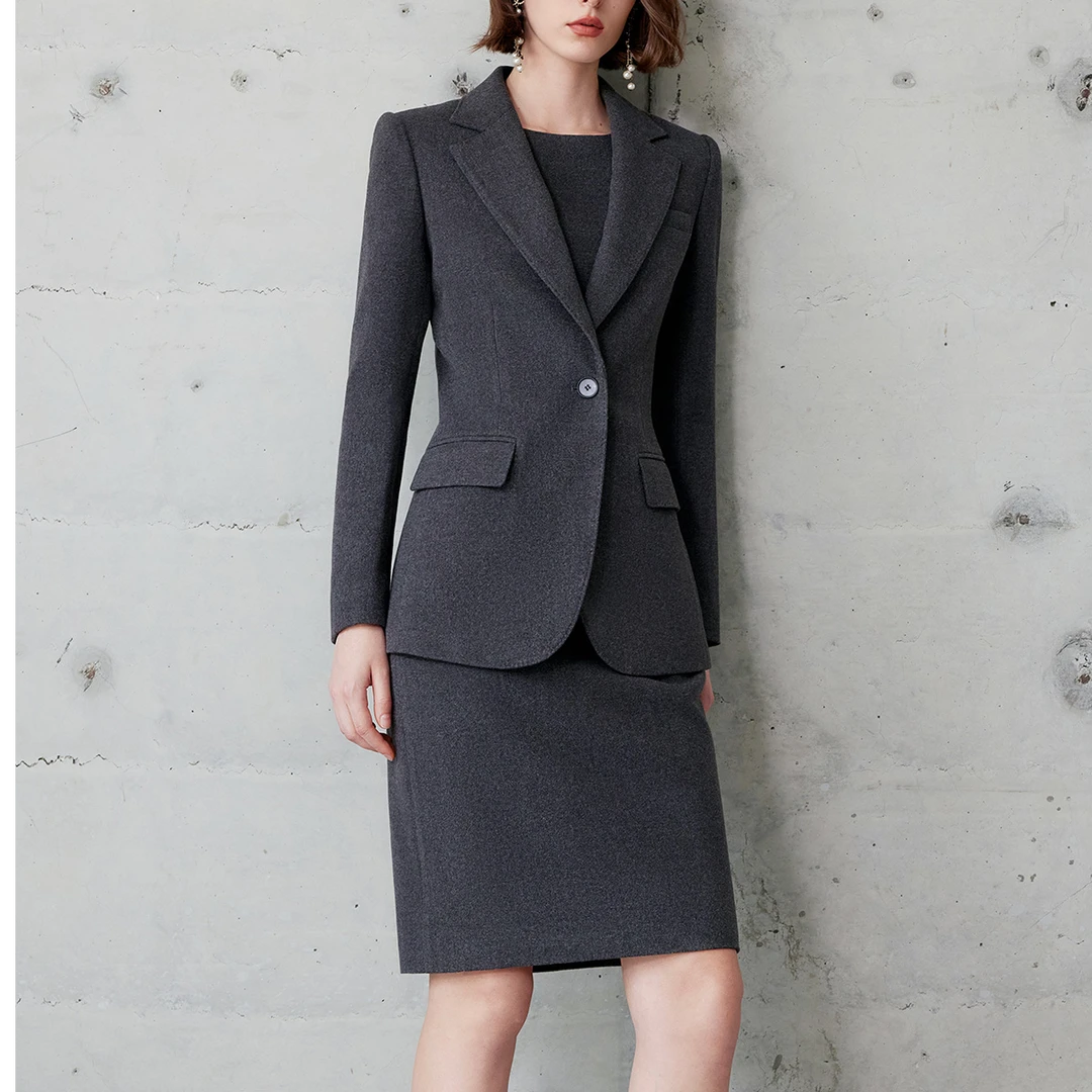 C2118新款小香风背心裙两件套秋冬感毛呢外套灰职业套装女A