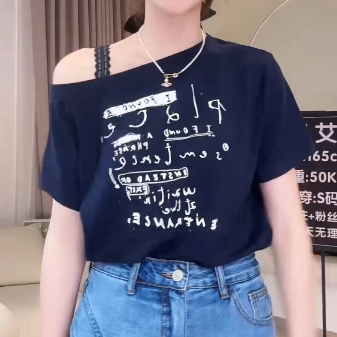 2025夏季新款韩系休闲时尚显瘦百搭斜肩短袖T恤LK2503188