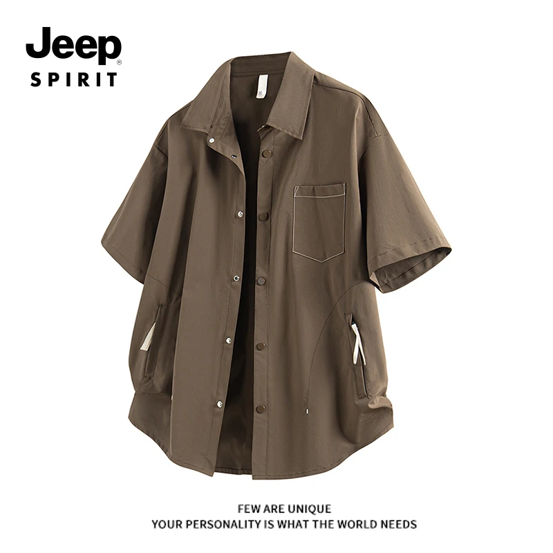 JEEPSPIRIT吉普单染工装短袖衬衫男夏季薄款宽松休闲美式衬衣外套