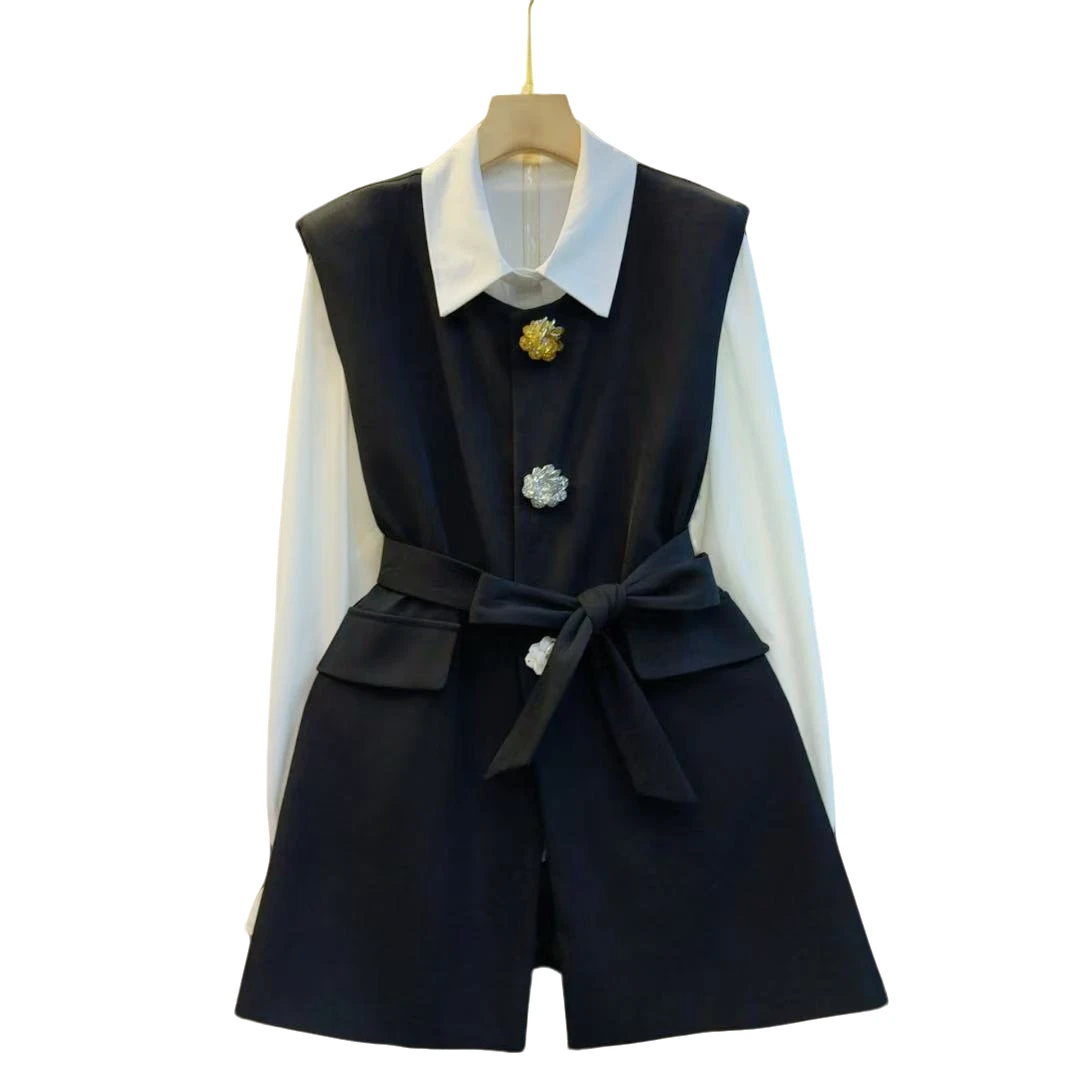 新款气质收腰时尚百搭长袖立领衬衫马甲两件套