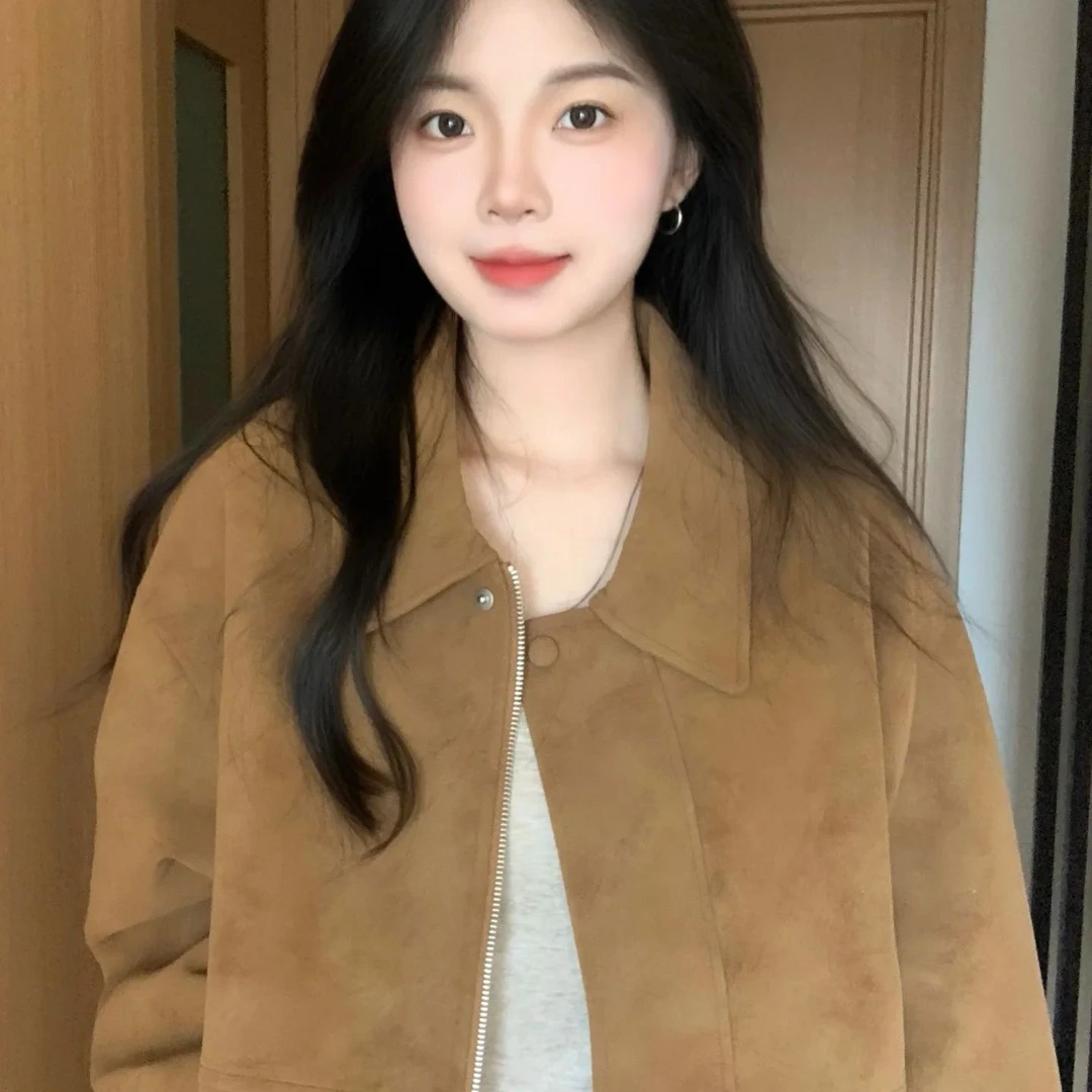 法式少女风个性棕色翻领2025新款外套女春秋宽松长袖拉链小众夹克
