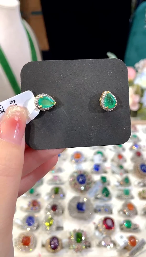 耳饰银S925镶嵌祖母绿耳饰