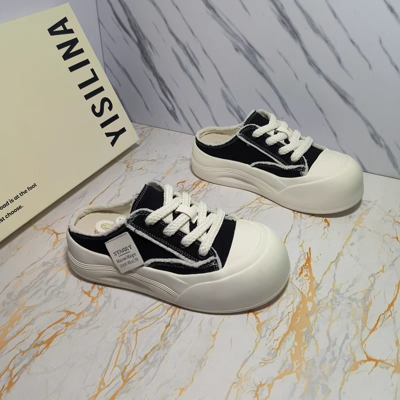 2025新款休闲百搭帆布鞋厚底包头拖鞋女款夏季爆款透气懒人半拖鞋