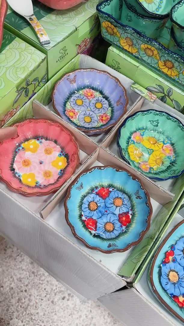 瓷花边深碟 粉蓝碧海紫四个