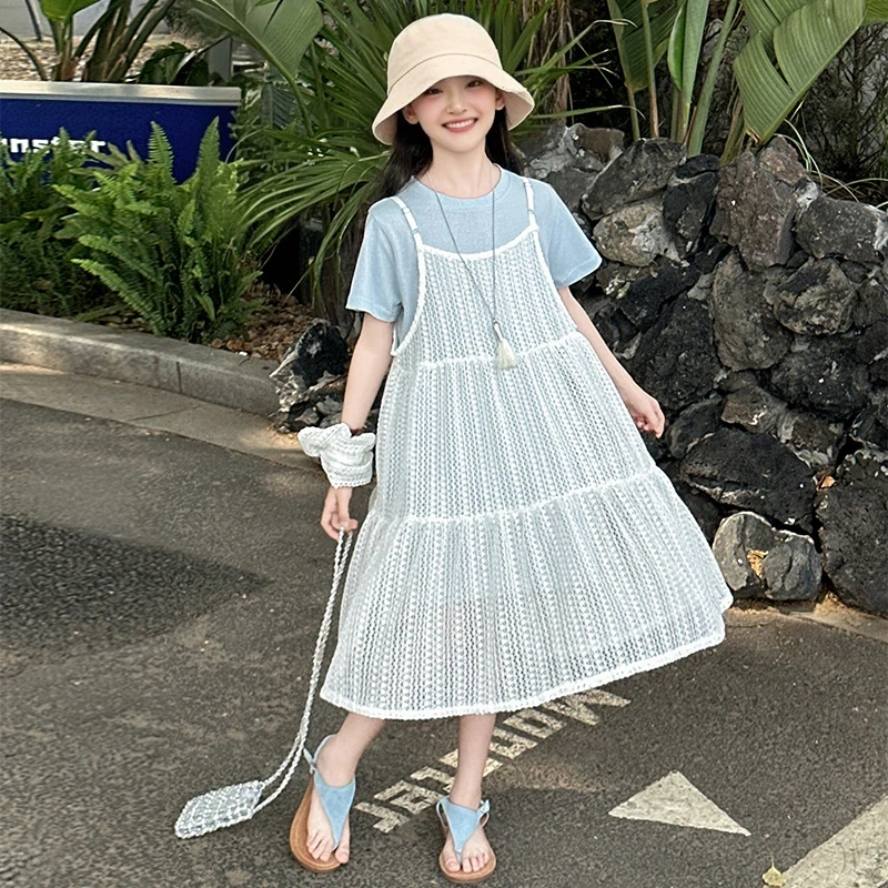 女童吊带连衣裙2025夏季洋气女孩海边度假长裙大童叠穿裙子两件套