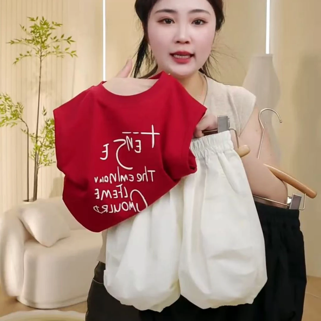 夏季新款儿童百搭红色字母圆领背心+七分裤套装