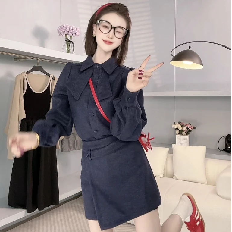 秋冬收腰显瘦气质小众翻领小个子休闲时尚套装毛呢保暖氛围两件套