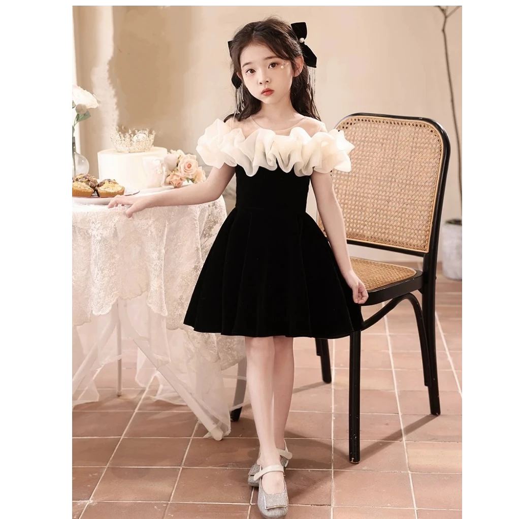 童装黑色千金风女童礼服生日公主裙儿童高端主持人钢琴演奏演出服