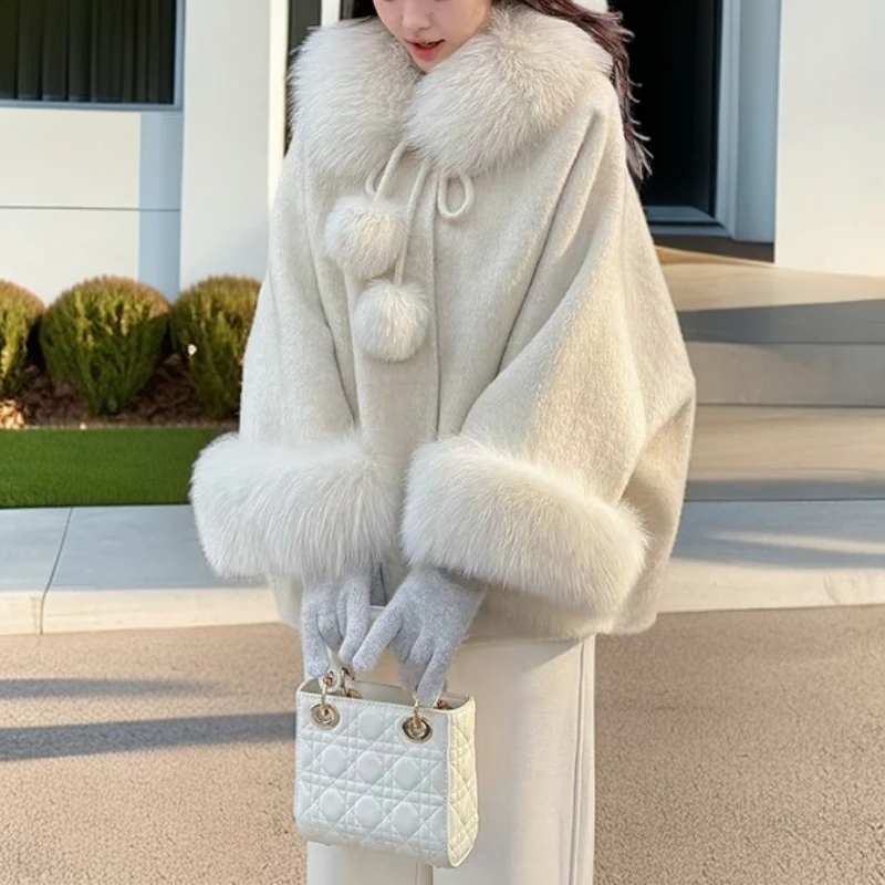 秋冬毛领袖口毛毛球双面呢手工毛呢千金风女大衣外套女秋冬高级感