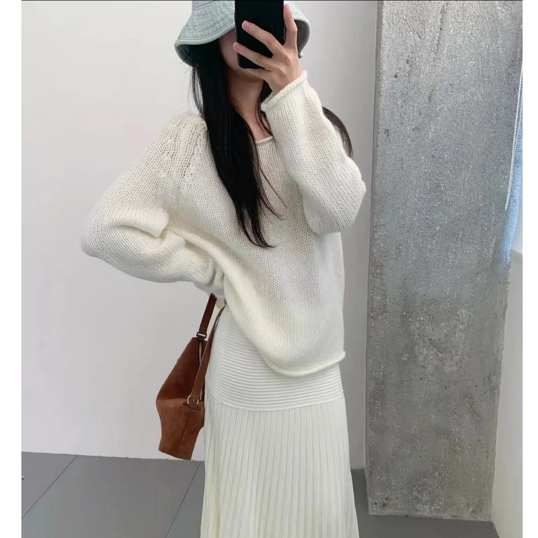 福利--秋冬新款慵懒风卷边设计感针织衫圆领上衣女毛衣小君