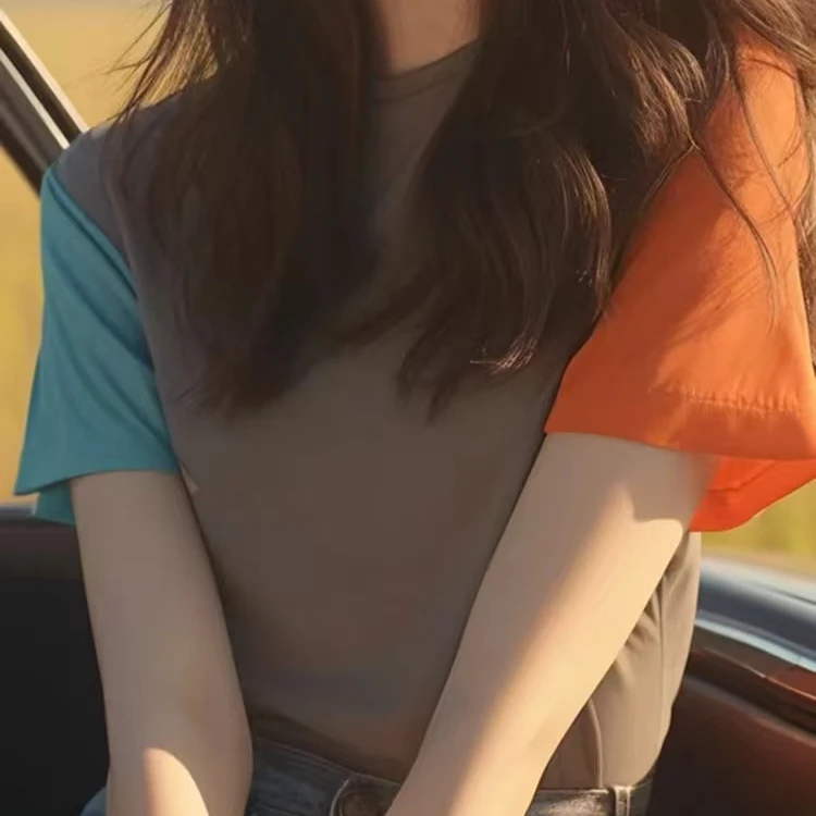 别致袖口拼色多巴胺2025夏季新款圆领短袖t恤洋气减龄百搭上衣潮