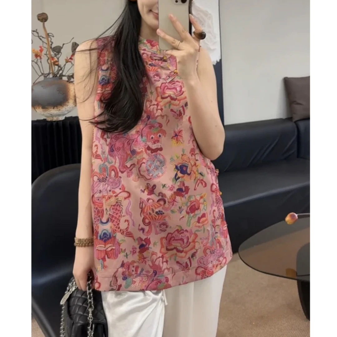 新中式繁花提花凤韵气质上衣2025夏季国风复古盘扣背心连衣裙