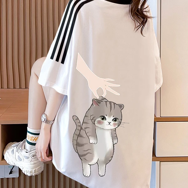 洋气减龄猫咪短袖t恤女纯棉2025新款夏季韩版宽松半袖慵懒风上衣