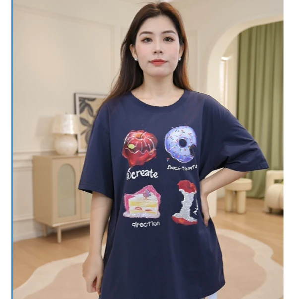 MsShe大码女装2025新夏装【凉感索罗娜棉】印花刺绣短袖T恤K2505017