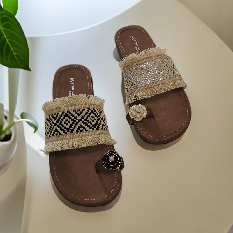 8999-13岩流苏胶粘鞋露趾女士方头平底一字凉鞋修面皮女鞋76+2+3