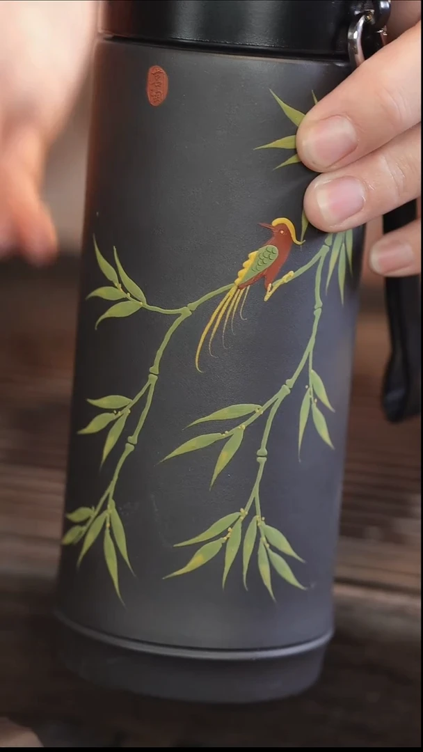茶壶紫砂双层保温杯 黑金砂 竹叶款 340cc