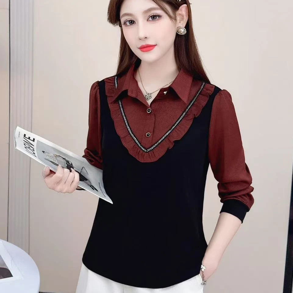 秋季百搭时尚假两件长袖衬衫女宽松显瘦减龄洋气小众上衣打底衫