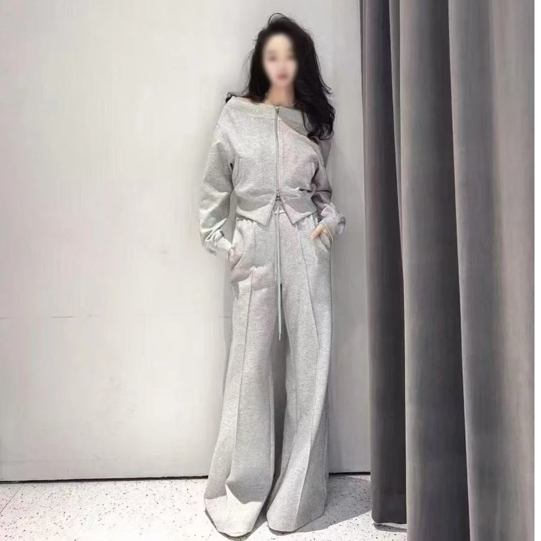 艾家轻奢女装一字领拉链卫衣开衫外套运动裤套装