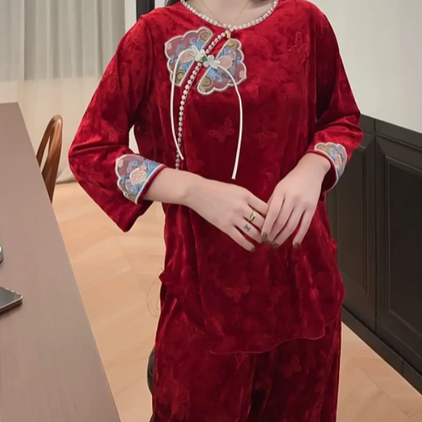 金钻绒睡衣气质网红新中式重工盘扣女士提花宽松长款家居服#1011