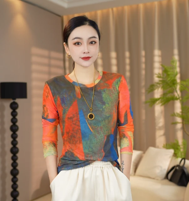 04早春新款高级感气质显瘦百搭薄款圆领女士宽松时尚网纱上衣
