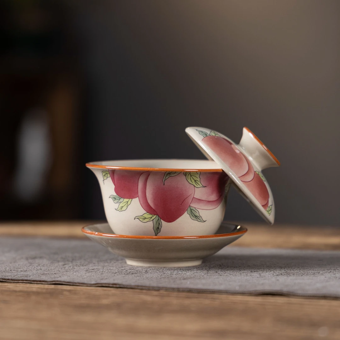 扬名茶器 复古陶瓷草灰九桃五福悬停盖碗泡茶三才盖碗4350（直播