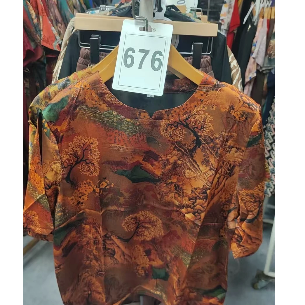 676-潮流衬衫中老年短袖设计师夏季印花小衫红色圆领T恤中国风