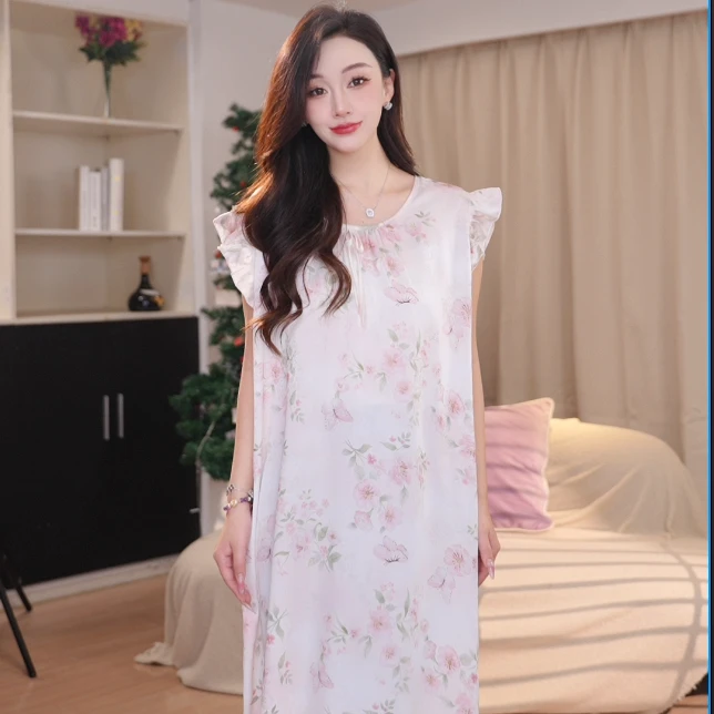 达芬奇密码2025新款冰雪丝睡裙家居服连衣裙夏薄款家居服女素白兰