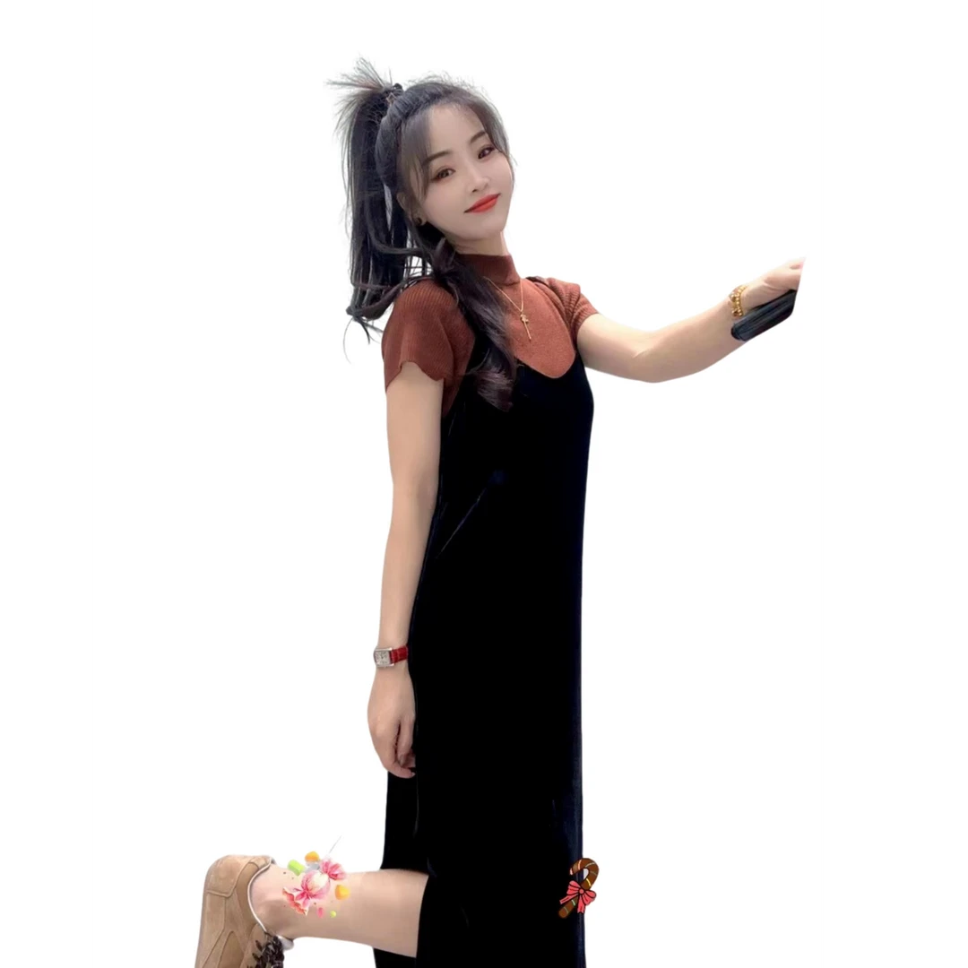 18362【蝶谷】针织上衣+吊带丝绒裙2025新款短袖连衣裙套装