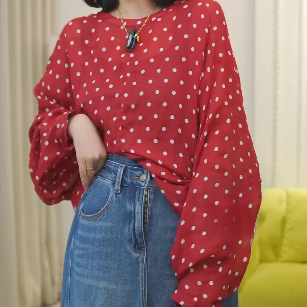 “波点控”轻质圆领蝙蝠廓形长袖衬衫双扣夏季上新女装薄款衬衣