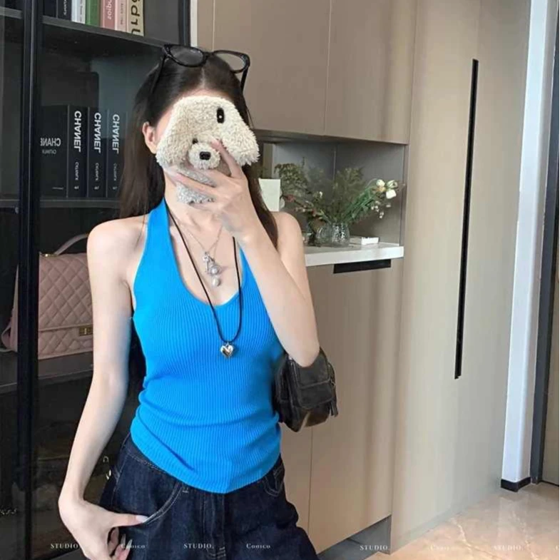 辣妹风纯色针织挂脖吊带背心女夏季复古别致美背修身显瘦无袖上衣