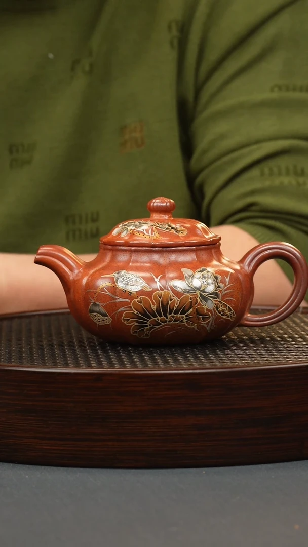 【闪购商品】紫砂茶壶火云烧 筋纹仿古 花鸟金银错