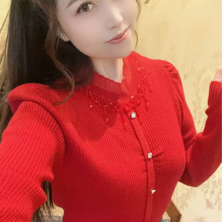 衣迪尼半高领时装品牌设计款秋冬法式重工钉珠细闪亮丝羊毛衫针织