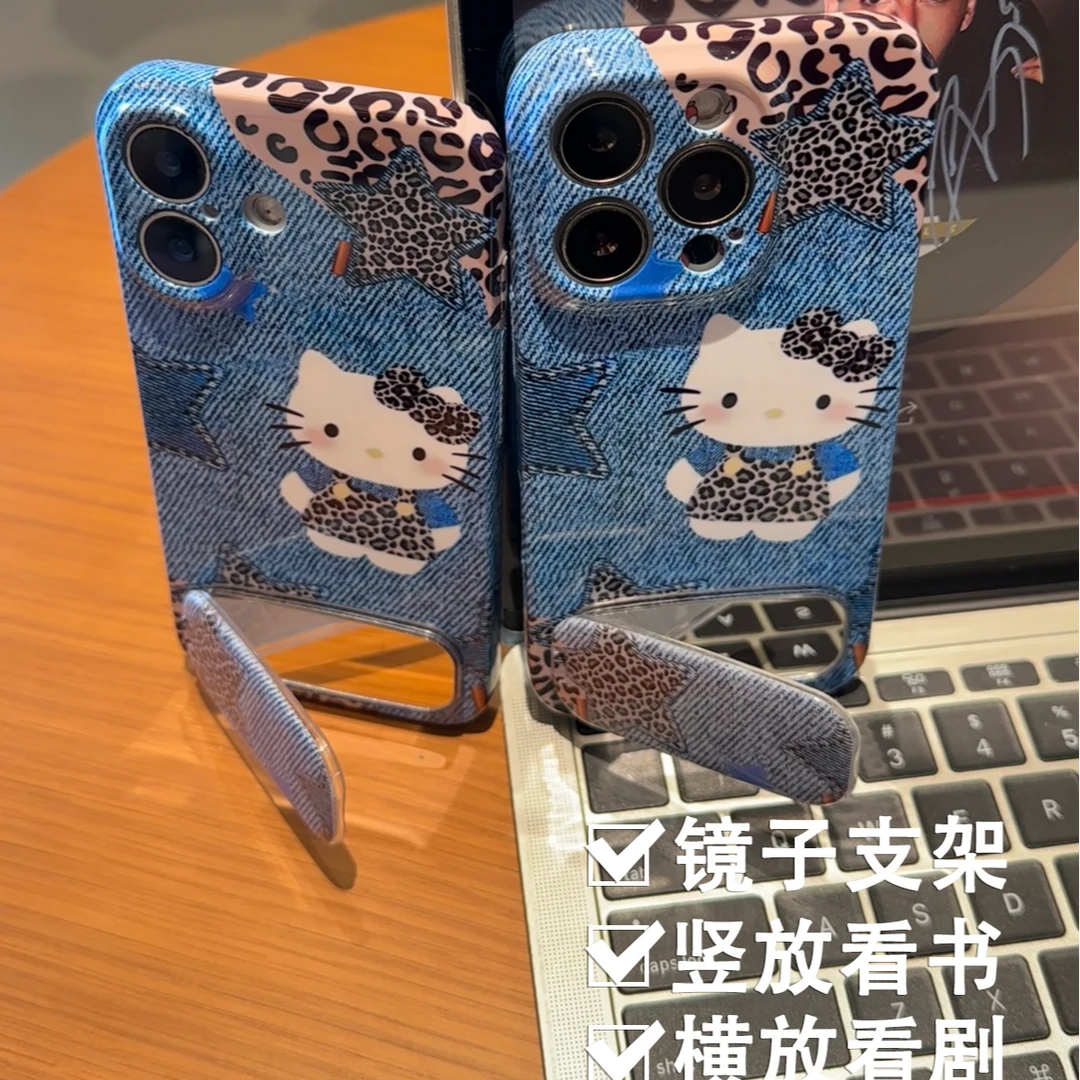 牛仔豹纹凯蒂猫支架适用iPhone17Pro手机壳华为opp荣耀vivo小米17